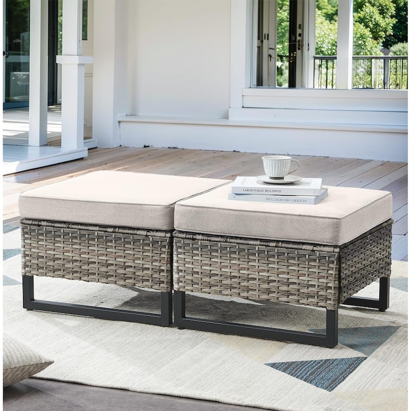 2 Pieces Patio Rattan Ottomans - Grey - Beige
