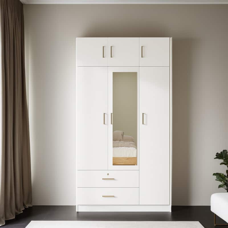3-Door Mirror Wardrobe with 2 Drawers and Top Cabinet