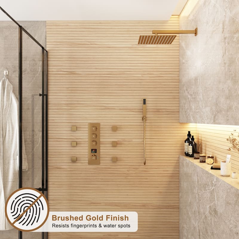 CASAINC 12 Inch Wall Mounted Square Shower Head Shower System with Handheld Shower Body Digital Display Shower 6 Body Jet