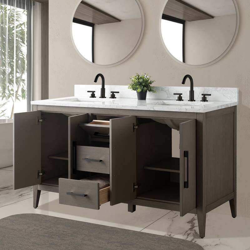 Vanity Art 60" Double Sink Bathroom Vanity Cabinet with Engineered Marble Top