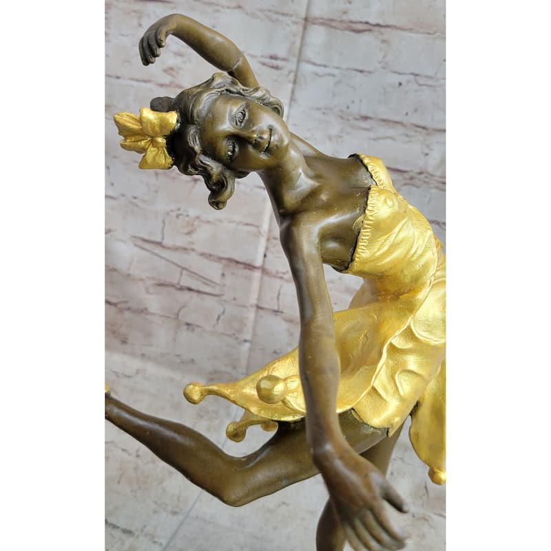 Art Deco Female Dancer Girl With Bow In Hair Gold Patina Bronze Statue Sculpture On Marble Base