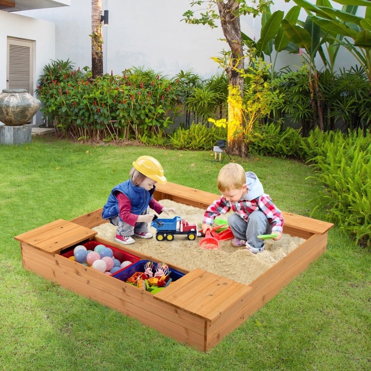 Kids Wooden Sandbox with Bench Seats and Storage Boxes - 49.2