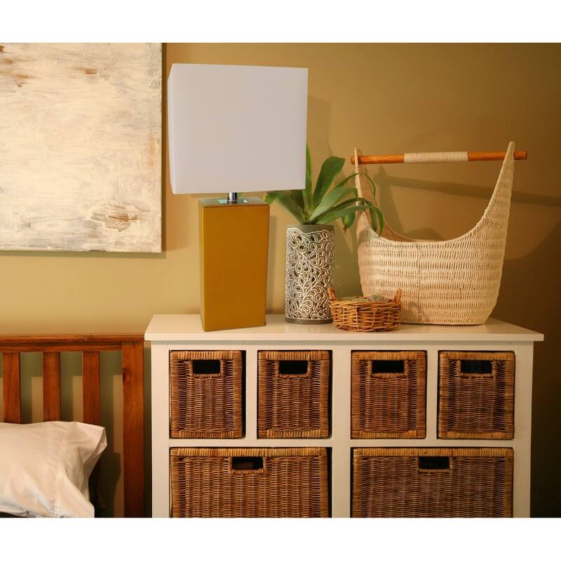 Leather Table Lamp with White Fabric Shade