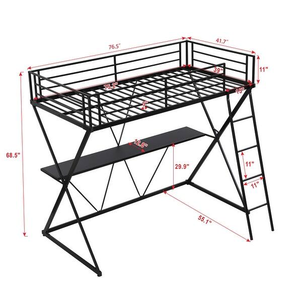Twin Size Loft Bed with Desk, Ladder, Full-Length Guardrails, X-Shaped Frame in Black for Space Saving