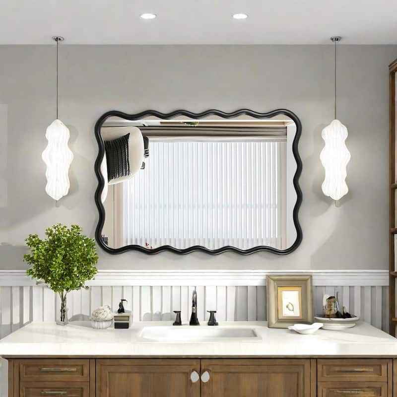 Solid Wood Wavy Rectangle Mirror 40" x 28" Modern Mirror Wall Decor