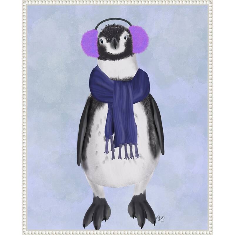 Penguin Ear Muffs by Fab Funky (23 x 28 in.), Framed Canvas Wall Art Print - Sylvie Beaded White