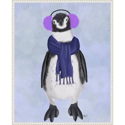 Penguin Ear Muffs by Fab Funky (23 x 28 in.), Framed Canvas Wall Art Print - Sylvie Beaded White