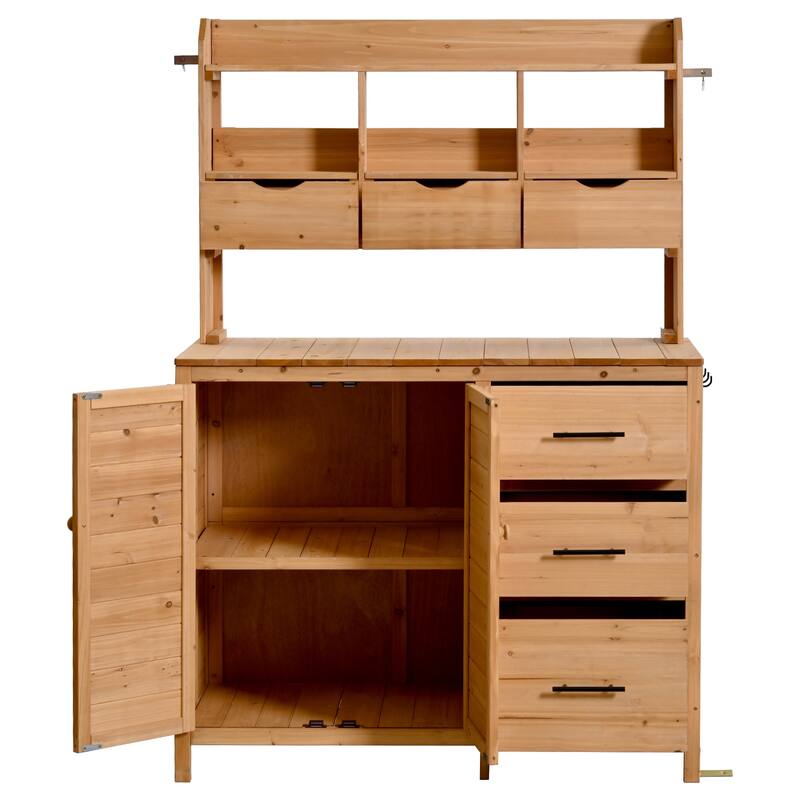Roomfitters Garden Potting Bench with Storage Hutch, Outdoor Potting Table with 6 Drawers and Cabinets, Shelves