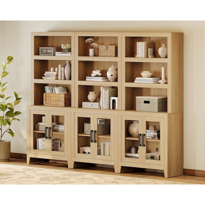 WAMPAT 3 Tier Bookshelf with Glass Door, 74" Tall Bookcase with Adjustable Shelf and Storage Cabinet, Farmhouse Wooden Bookshelf - 93-inch width - Oak