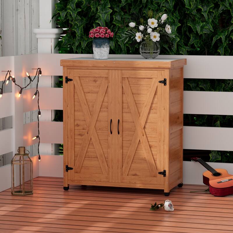 Wooden Patio Furniture with Metal-Tabletop, Potting Bench with Storage Cabinet, Outdoor Patio Storage Cabinet with Shelves