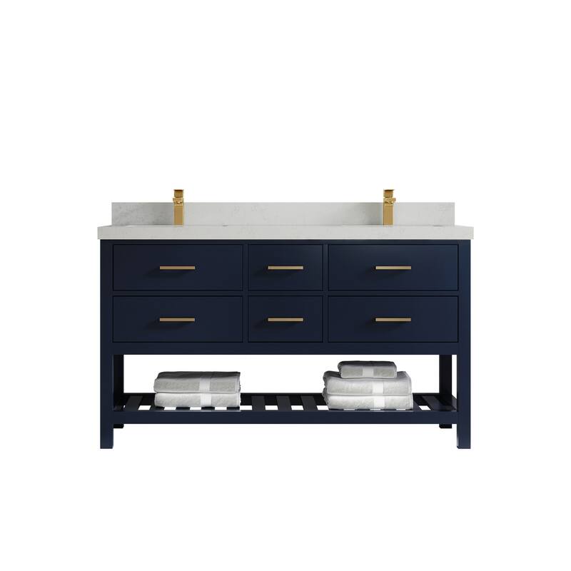 Willow Collections 60 in. W x 22 in. D Parker Double Sink Bathroom Vanity with Countertop - 2" Carrara Quartz - Navy Blue