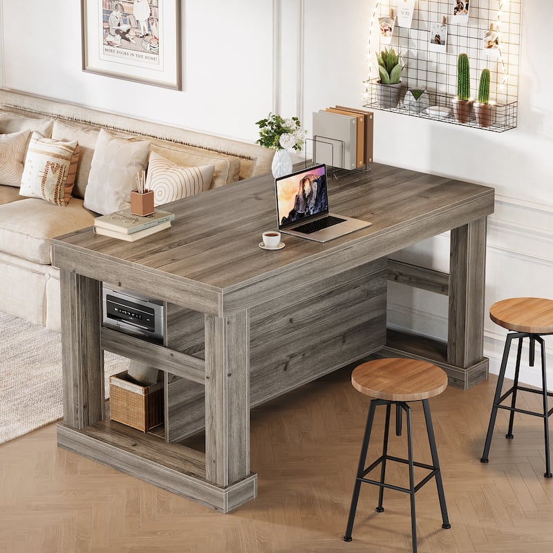 55-Inch Stationary Kitchen Island with Seating and Storage Shelves & Large Worktop, Farmhouse Style - 31.5"D x 55.12"W x 35.43"H