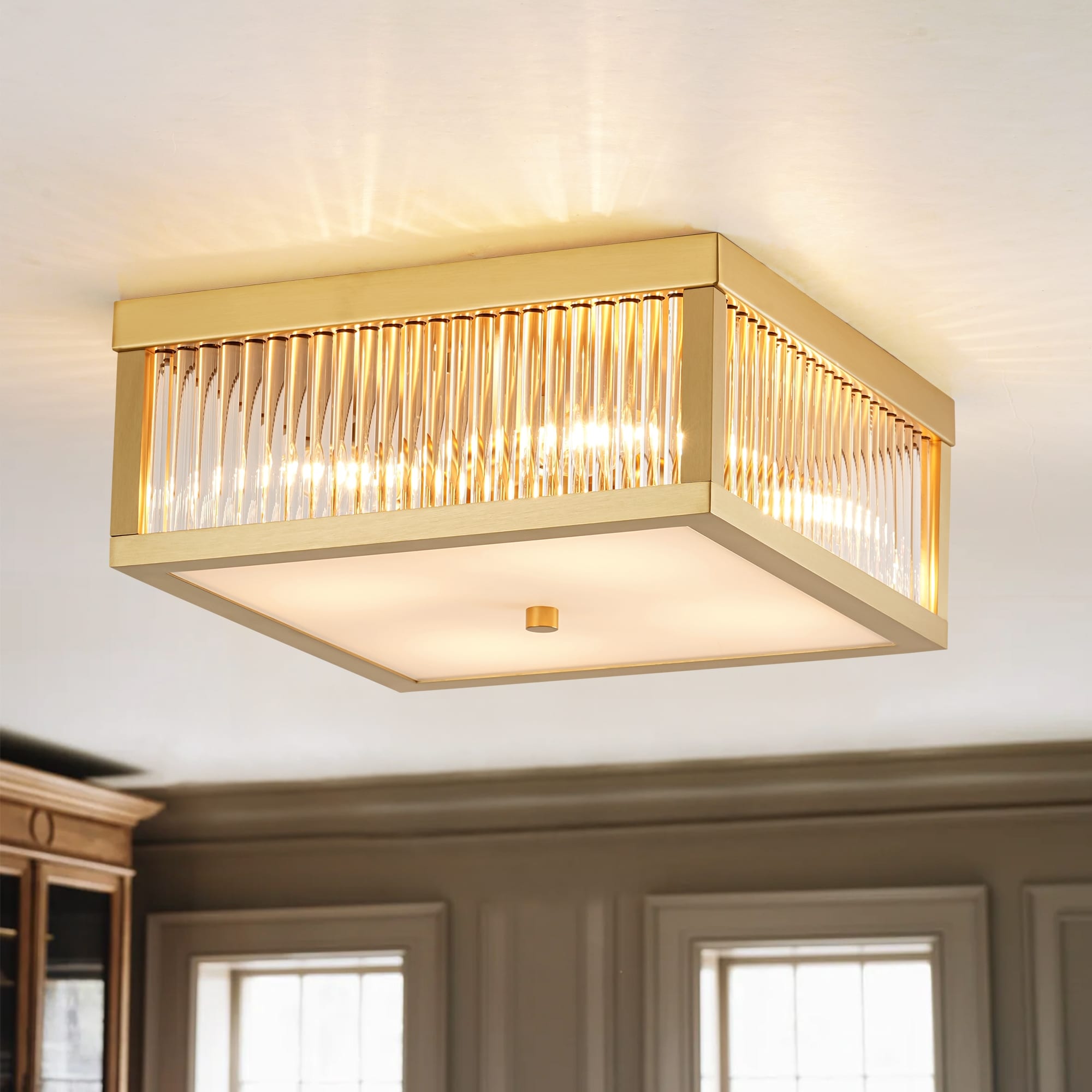 Rennnsan 12.2 in. 4-Light Industrial Black/Gold Square Flush Mount Ceiling Light with Clear Glass Rods