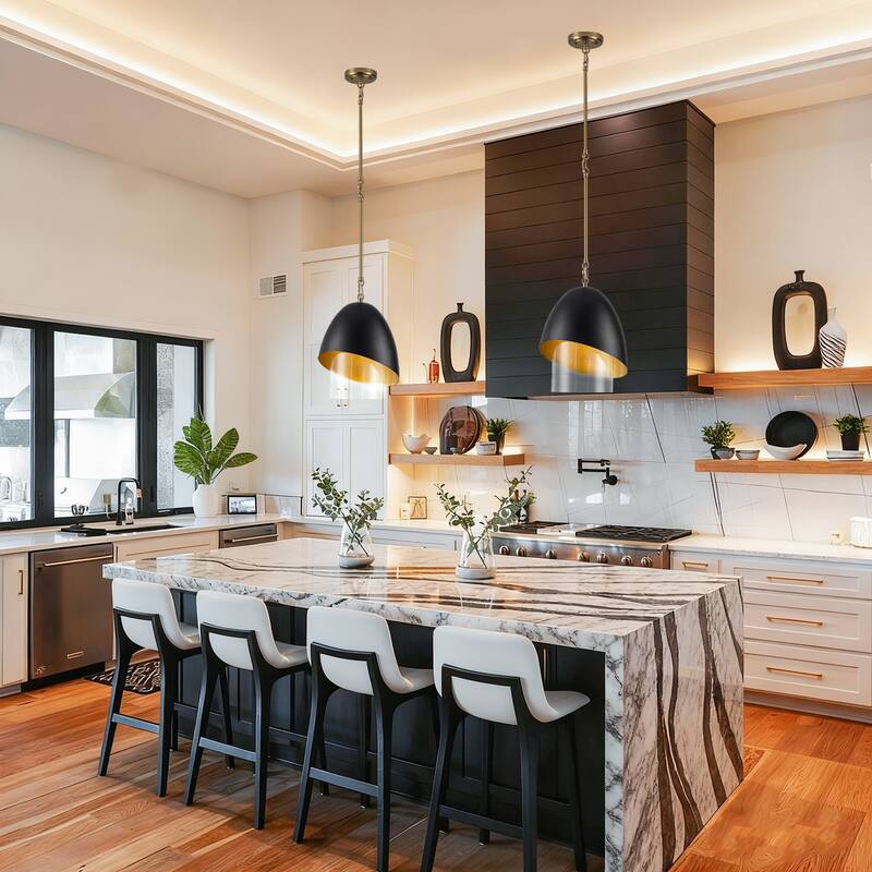 Brushed Gold & Black Egg-Shaped Pendant Light with Clear Glass Shade - Dia.11.81-in