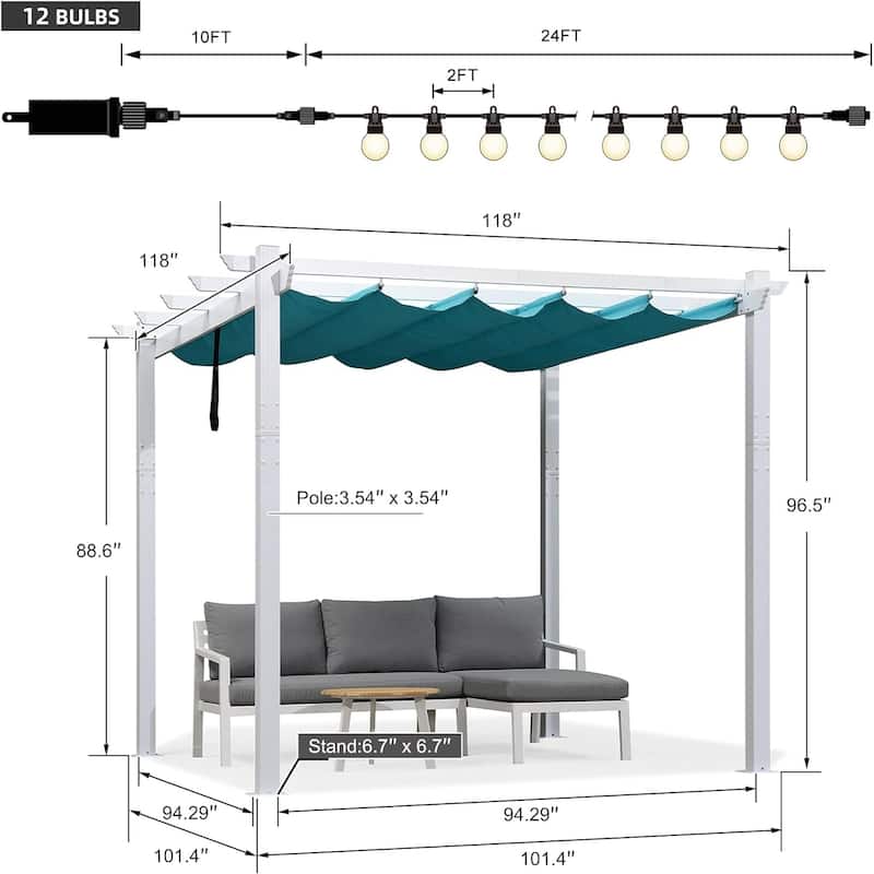 PURPLE LEAF Gazebo White Aluminium Outdoor Retractable Pergola with Canopy Cover