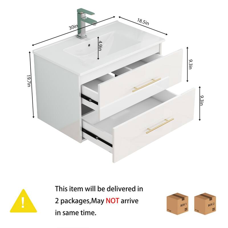 30" Gloss Wall-Mounted Bathroom Vanity with Integrated Ceramic Sink, Double Drawers & Long Metal Handle for Modern Bathrooms