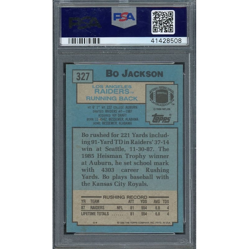 Bo Jackson Los Angeles Raiders 1988 Topps Football Rookie Card RC #327 Graded PSA 8 - 8'6" x 11'6"