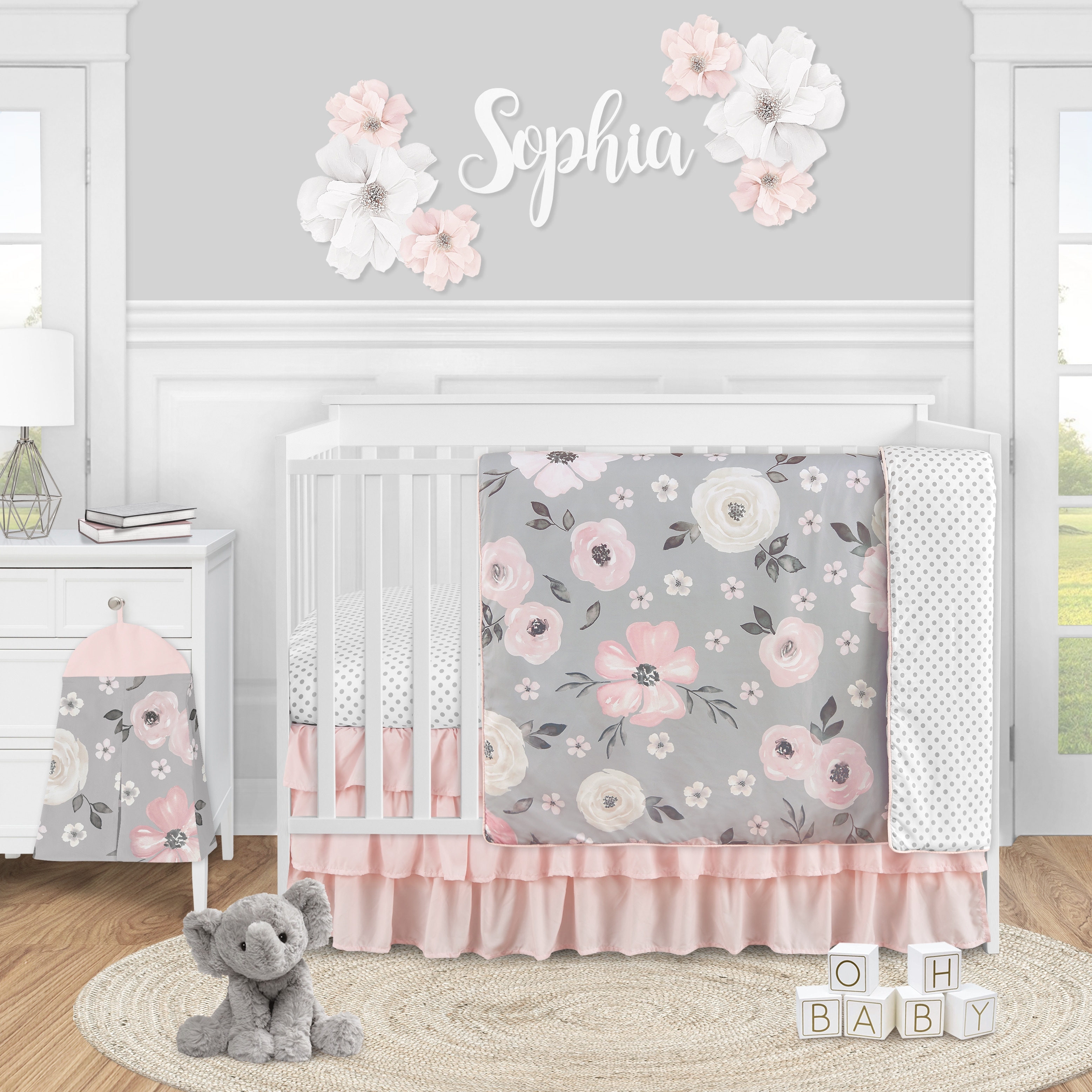 pink and grey crib set