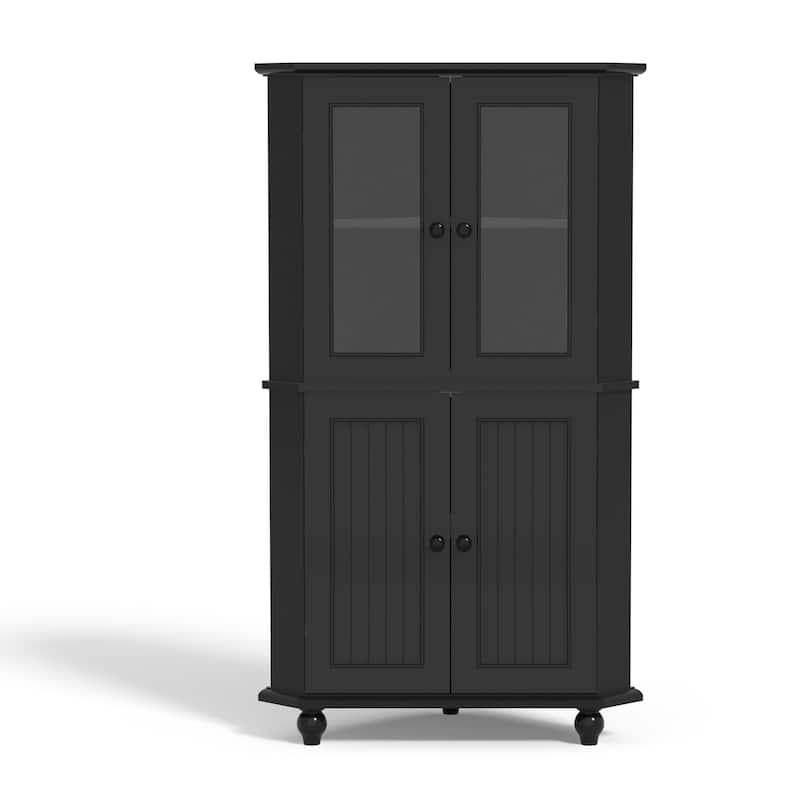 Free-Standing Corner Storage Cabinet with Doors and Shelves - Black