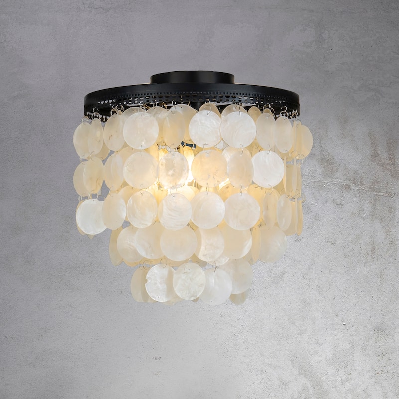CraftHome 3 Light Coastal Capiz Shell Flush Mount Ceiling Light in Black - W14"