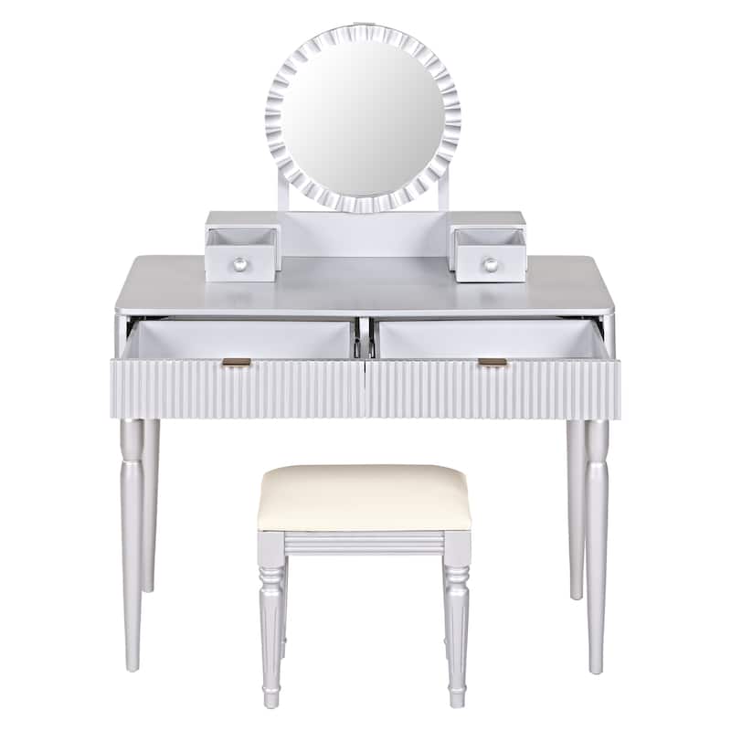 Luxury Vanity Desk with Round Mirror,Height-Adjustable