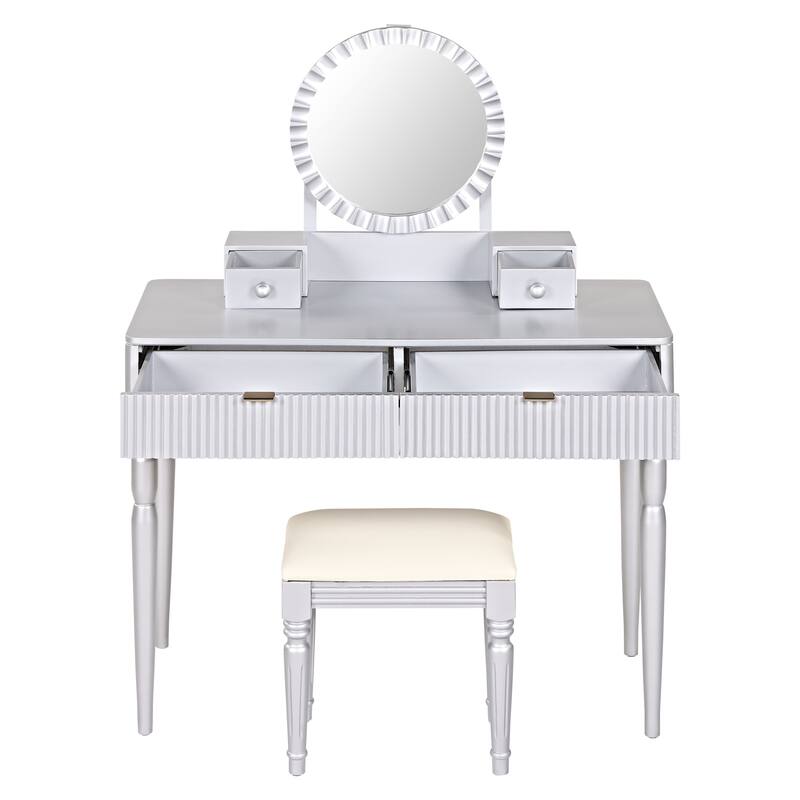 Vanity Desk with Adjustable Round Mirror, Wooden Dressing Table Set, Makeup Vanity Table with 4 Drawers & Cushioned Stool