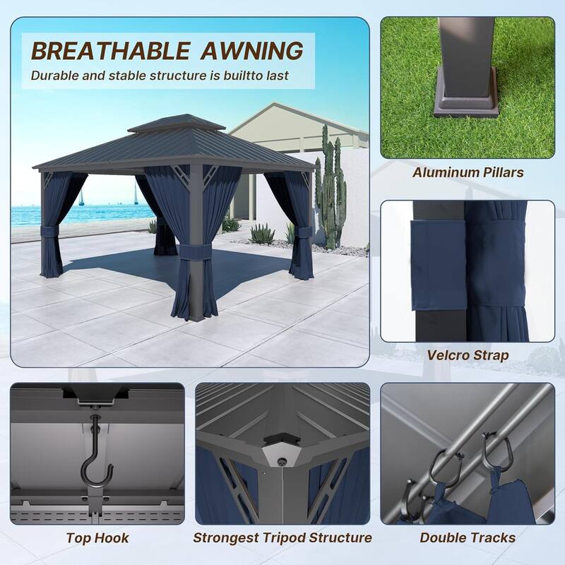 Kullavik Hardtop Gazebo w/ Galvanized Steel Roof & Aluminum Frame, New Outdoor Canopy w/ Mosquito Net & Curtain, Patio Pergola