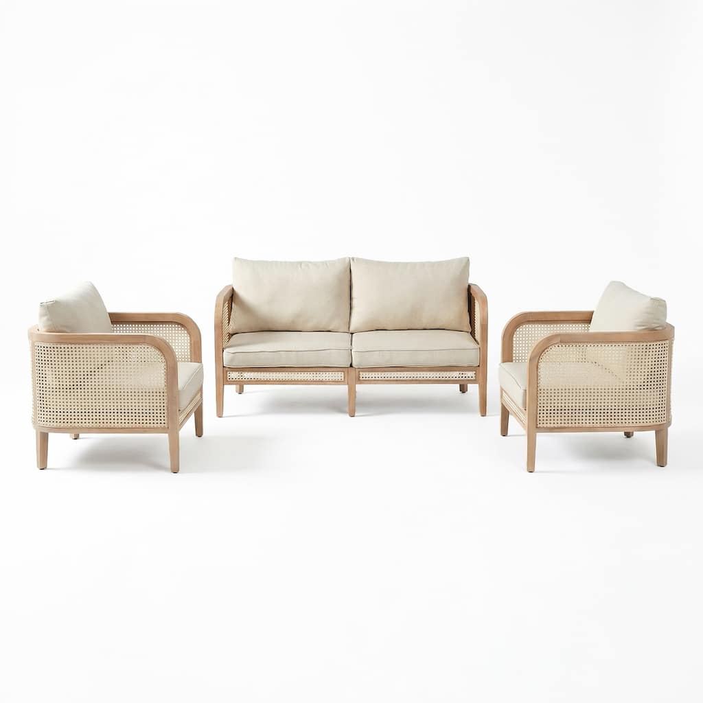 Christopher Knight Home - Helvon 3-Piece Outdoor Acacia Wood Conversation Set with Woven Lounge Chairs & Loveseat and Cushions