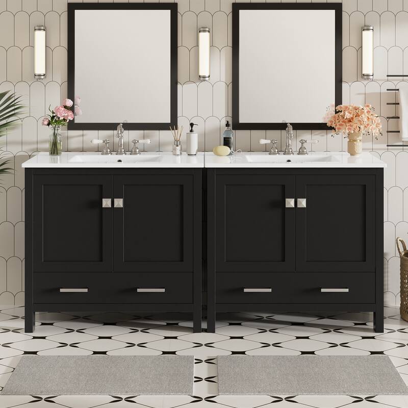 72"Bathroom Vanity with Sink, Soft-Close Doors, Double Storage Shelves & Divided Drawer -Bathroom Cabinet with Ample Storage - Black