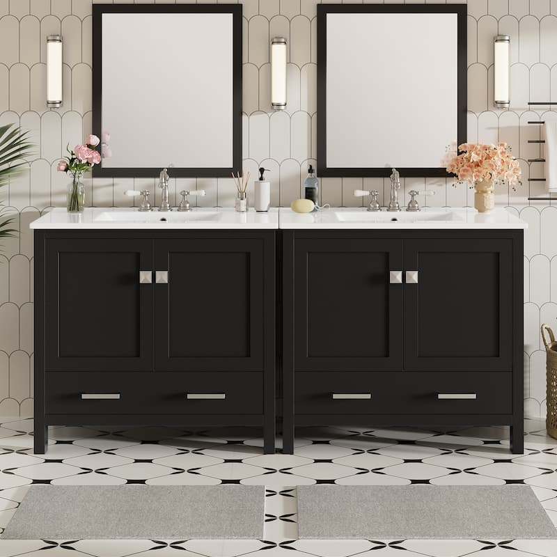 Bathroom Vanity with Double Door Organizers, Divided Drawer and Soft-Close Doors - Modern Bathroom Cabinet with Ample Storage - Black - 72 Inch