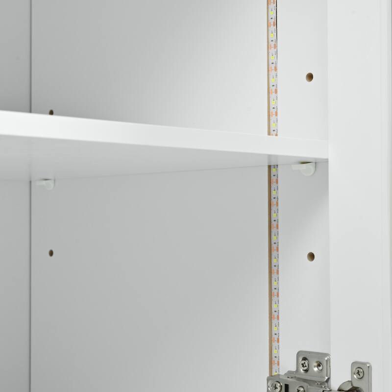 73.5'' Rubberwood Kitchen Island with LED Lights, Extended Table, Power Outlets and 2 Fluted Glass Doors