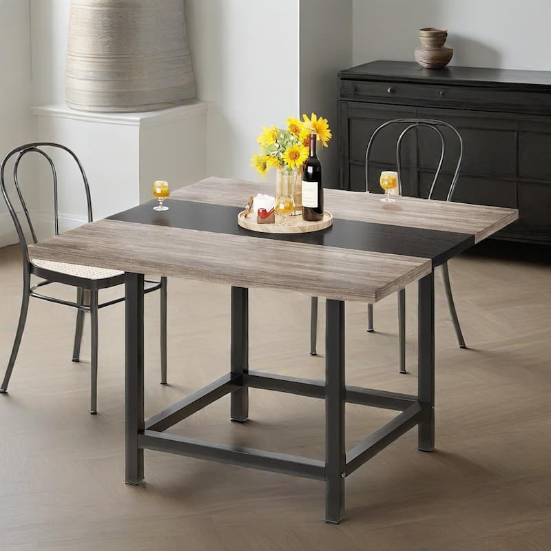 Square Dining Table 39 Inch Two Tone Vintage and Black Finish with Metal Legs Seats 4 People - 39.37" x 39.37" x 29.13"