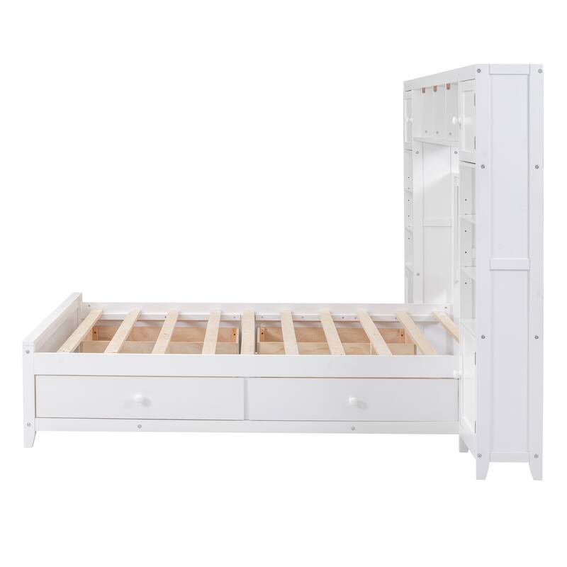 Full Bed with Built-In Cabinet, Shelves, and Storage Drawers - Space-Saving Design