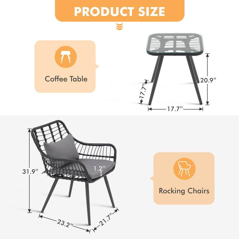 3-Piece Outdoor Patio Bistro Set with Handwoven Rattan, Tempered Glass Table, and Cushioned Chairs for Garden, Poolside
