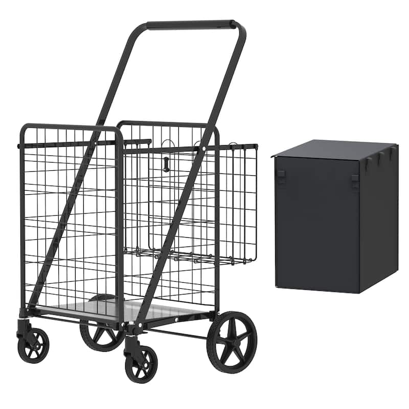 Foldable Extra Large Grocery Shopping Cart w/ Double Basket and 360 Rolling Swivel Wheels