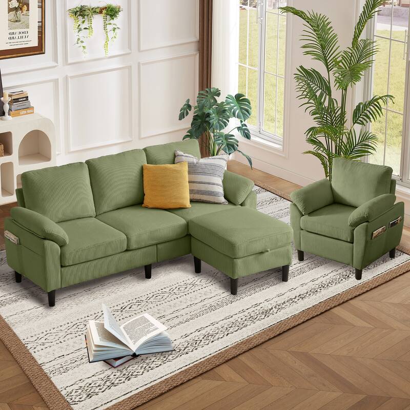 79.72" Corduroy 3 Pieces Living Room Sets Including Sectional Sofa with Storage Ottoman & Side Pockets & Armchair Set