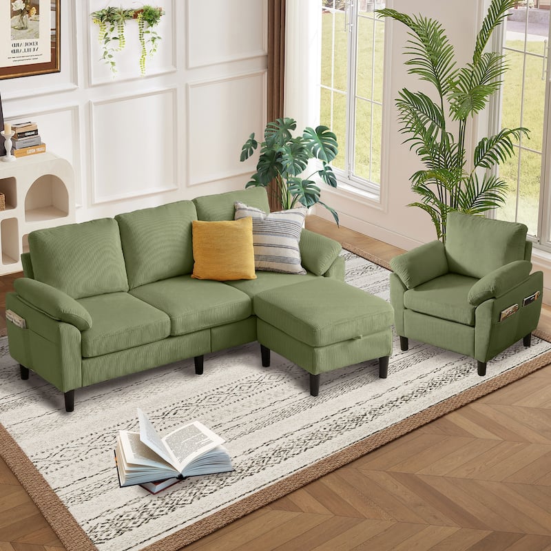 79.72" Corduroy 3 Pieces Living Room Sets Including Sectional Sofa with Storage Ottoman and Armchair Set