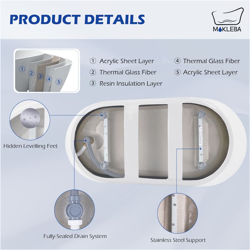 63 in. Acrylic Flatbottom Freestanding Bathtub Soaking with Pop Up Drain