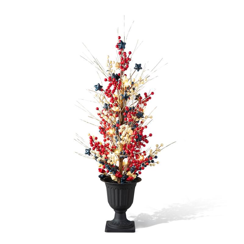 Glitzhome 36"H Americana LED Lighted Berry & Stars Urn Porch Tree with Timer