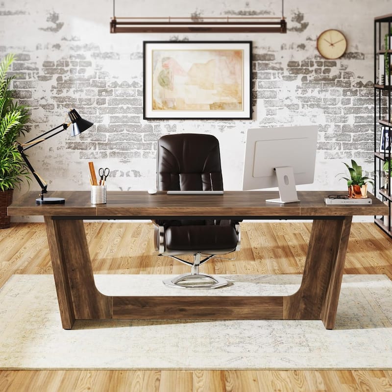 71 Inches Executive Desk, Large Home Office Desk with Solid Wooden Pedestal