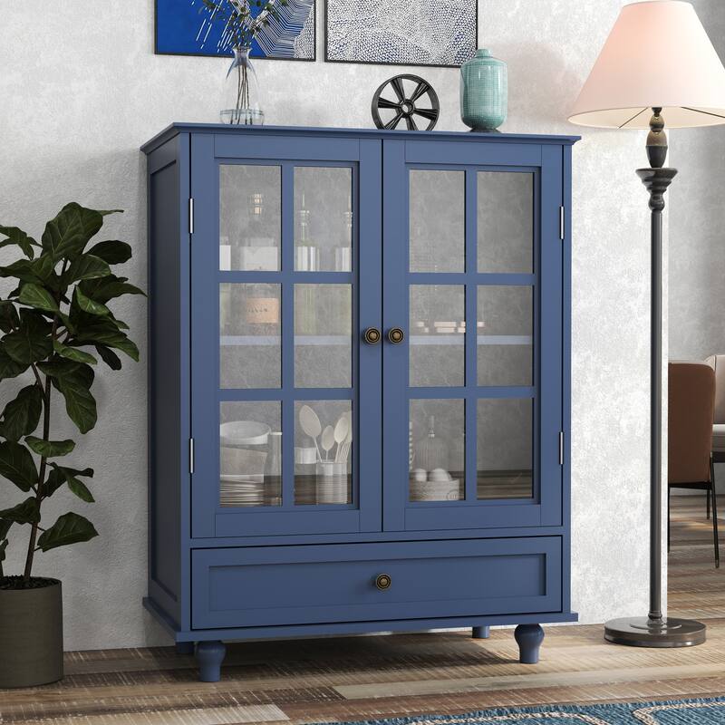 Accent Cabinet with Glass Doors and Drawers, Wooden Buffet and Sideboard Cupboard with Storage