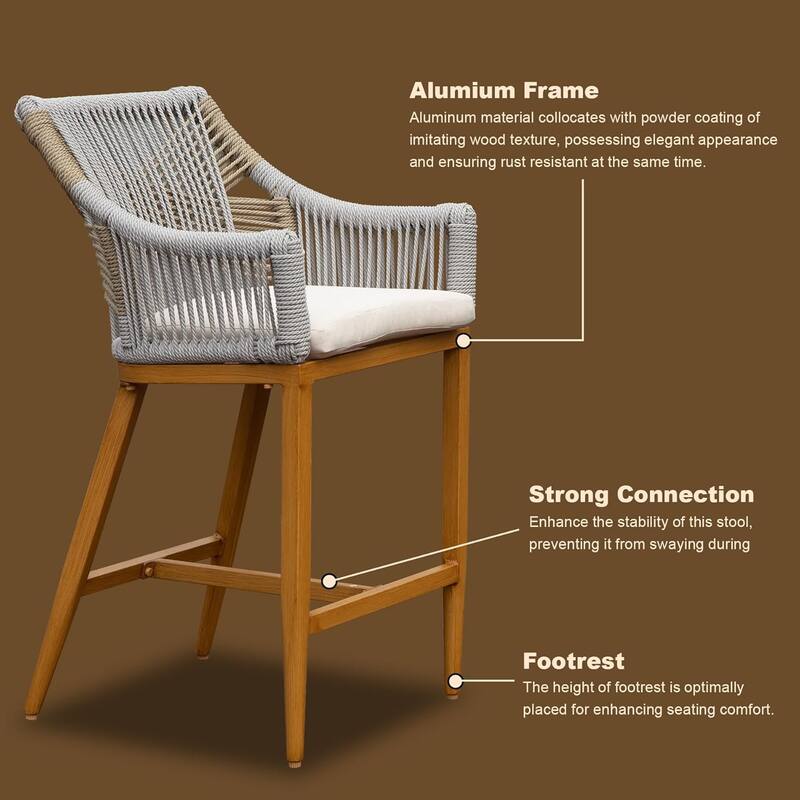 GDFStudio - Sienna Outdoor Aluminum Bar Stools Set with Cushions and Rope Backrest, Square-Back Boho Counter Chairs