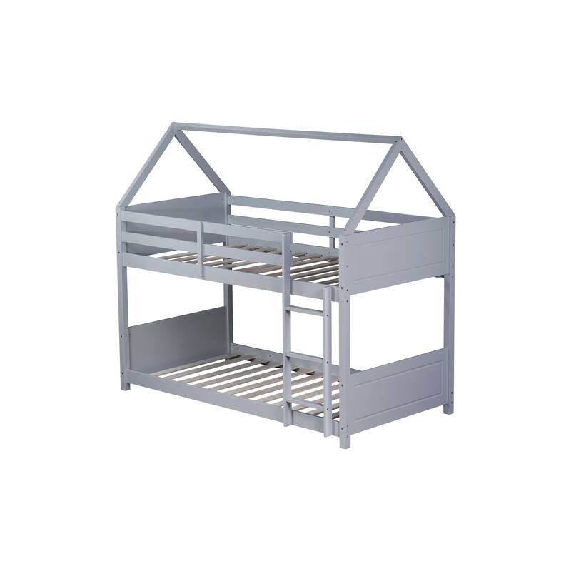 Twin Over Twin House Floor Bunk Bed with Headboards, Footboards, Guardrails, and Ladder, Grey