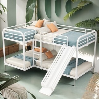 Stylish Full and Twin Size L-Shaped Bunk Bed with Slide and Short Ladder, 4 Beds in 1, Sturdy Frame, White