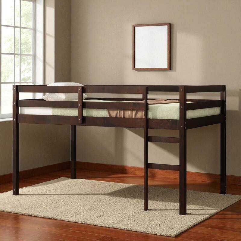 Solid Wood Twin Loft Bed with Ladder, Rubber Wood Frame Low Height Design with Guard Rails and Storage Space