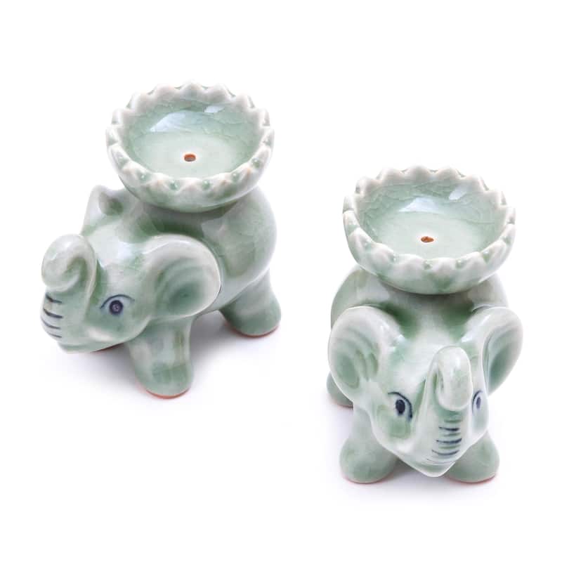 Novica Handmade Baby Elephants In Green Celadon Ceramic Incense Holders (Pair)