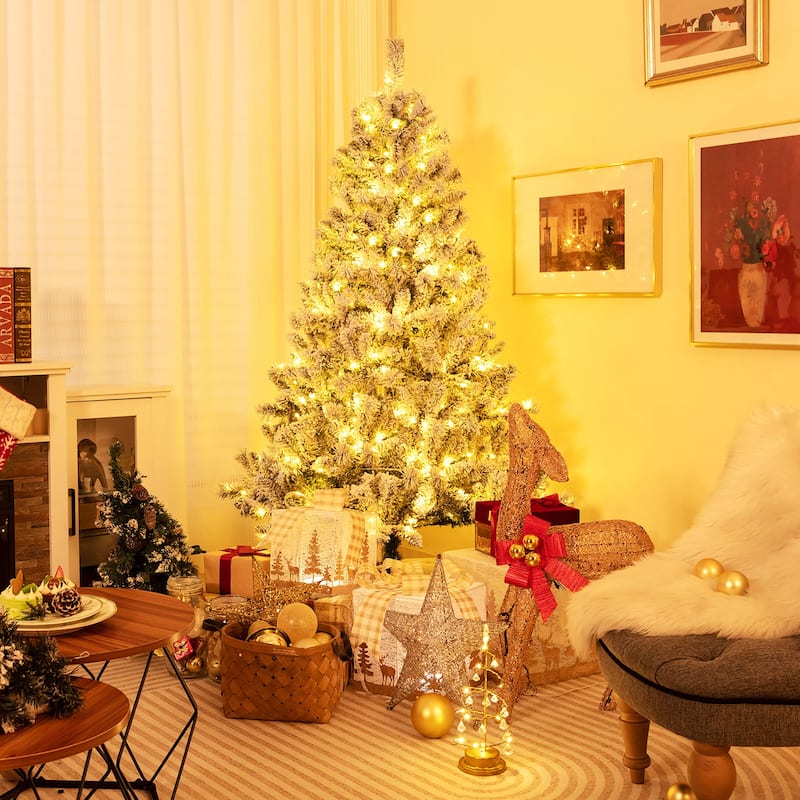 Gymax 6/7/8 FT Pre-Lit Snow-Flocked Xmas Tree 3-Minute-Setup