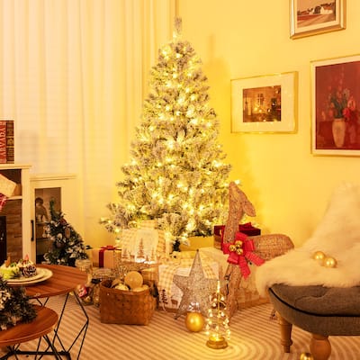 Gymax 6/7/8 FT Pre-Lit Snow-Flocked Xmas Tree 3-Minute-Setup