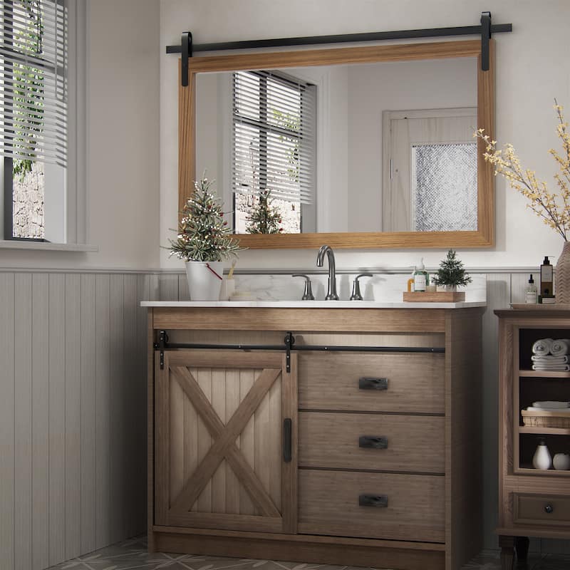 Farmhouse Rectangular Wood Frame Wall Mirror, Rustic Barn Door Bathroom Vanity Mirror