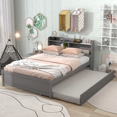 Grey Full Size Platform Bed with Bookcase Headboard, Trundle, and Storage, Space-Saving Design, No Box Spring Needed